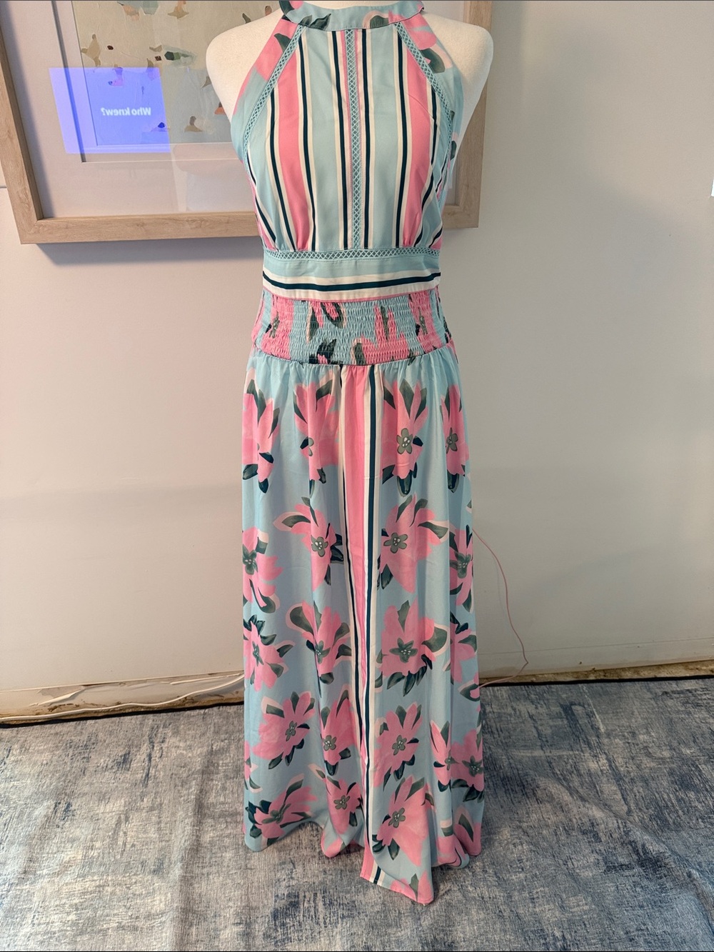 NWT 🌸 Ador Pastel Blue and Pink Floral Maxi Dress Size Large